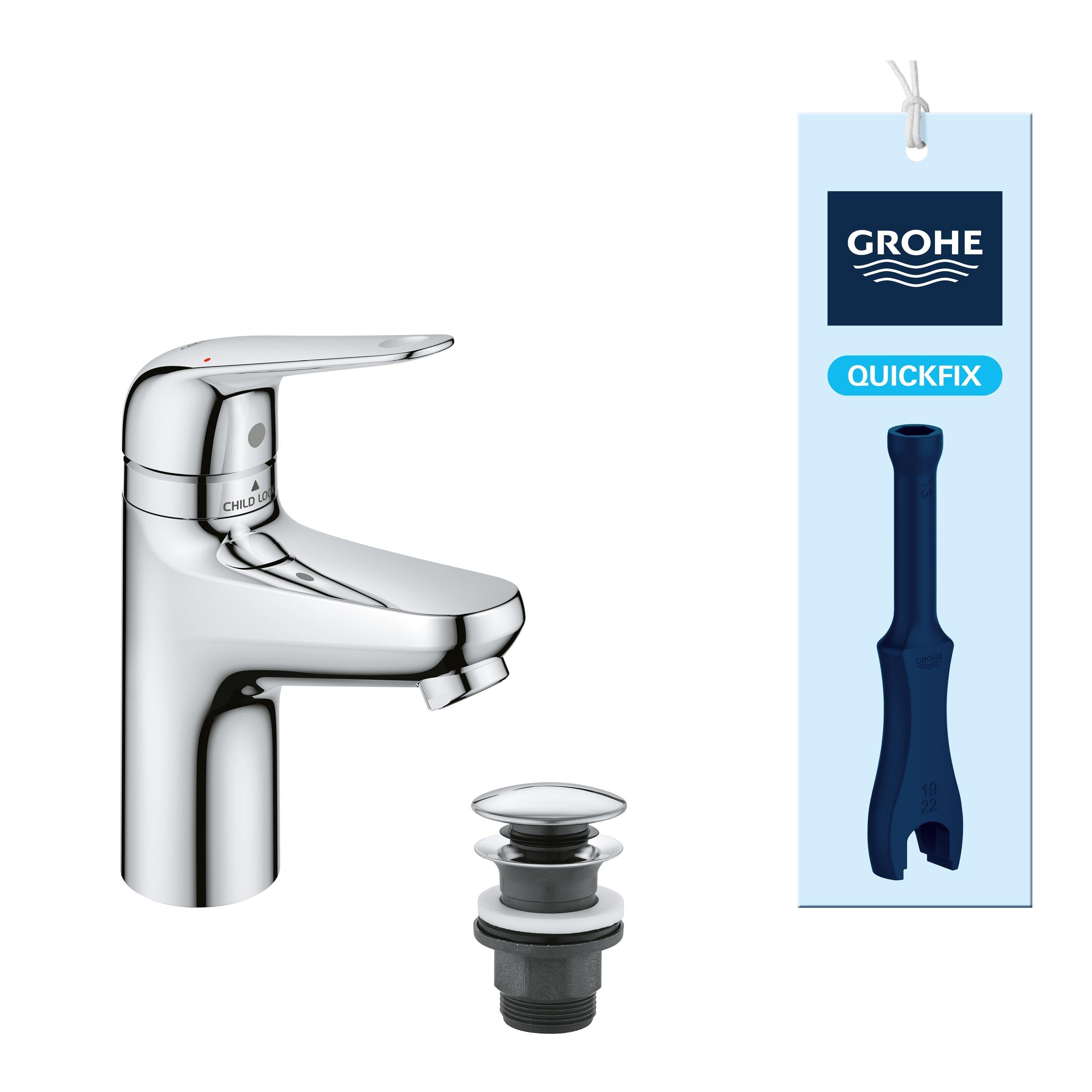 GROHE Swift QuickFix – Basin Mixer Tap with Push-Open Waste Set & Child-Safety Lock (S-Size 167mm, 28 mm Ceramic Cartridge, Water-Saving, Tails 3/8 Inch, Easy to Fit with QuickTool), Chrome, 24319001