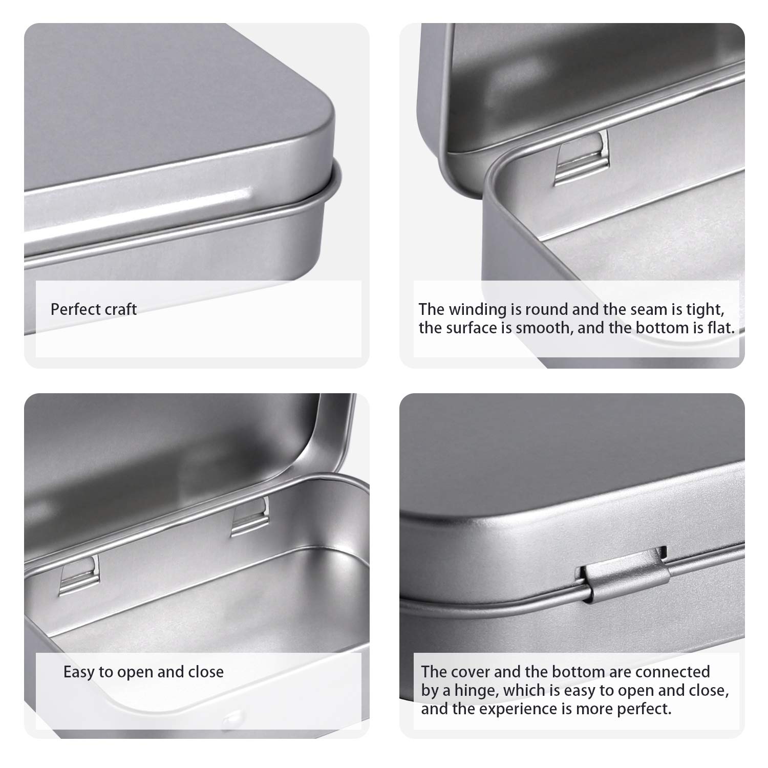 Metal Rectangular Empty Hinged Tins - Pack of 40 Silver Mini Portable Box Small Storage Kit & Home Organizer with lids craft containers 3-1/2''X2-1/2''X4/5''