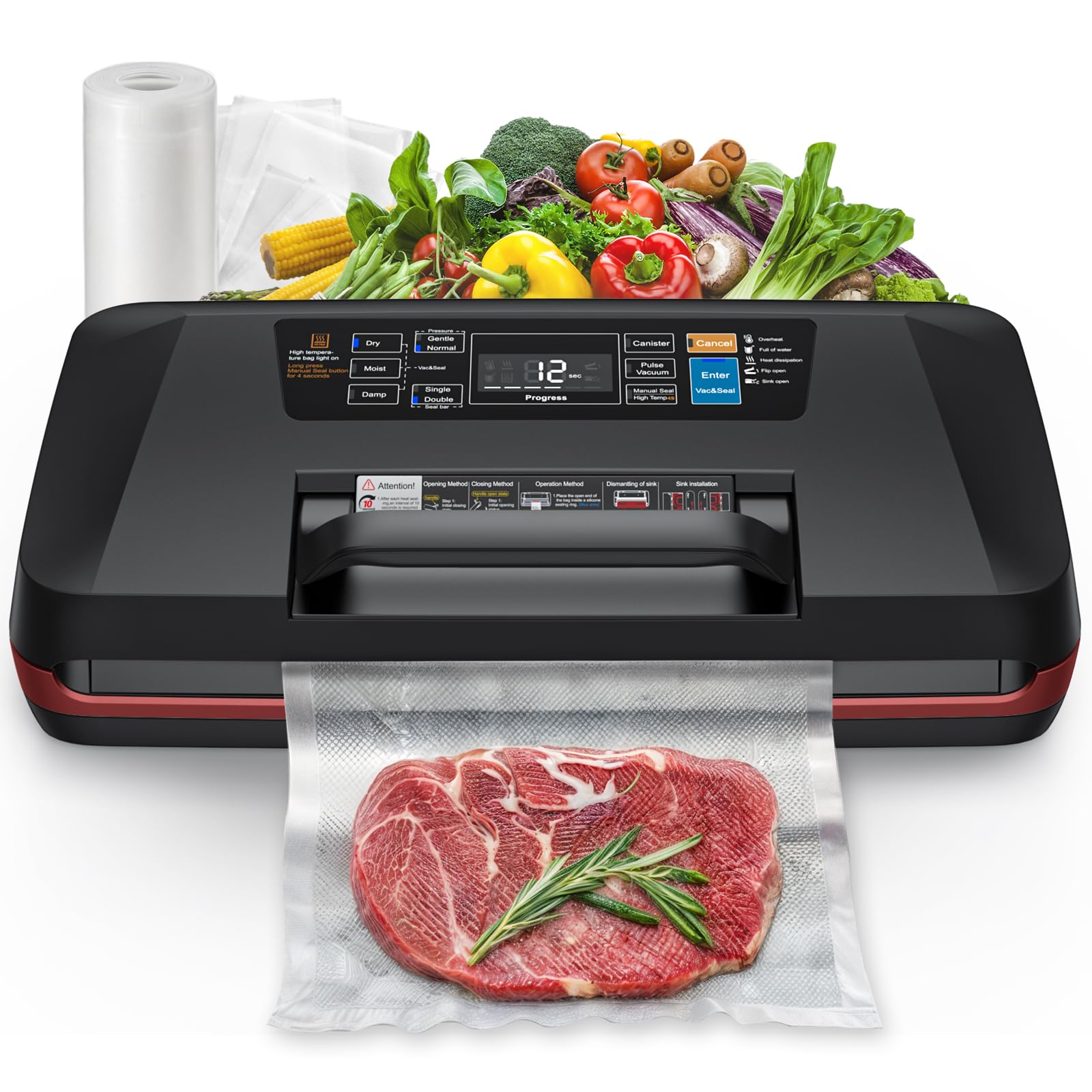 Photo 1 of 95kPa Vacuum Sealer Machine,Commercial Fully Automatic Food Sealer,10-in-1 Functions & Powerful Sealing System with Double Heat Seal,Easy-Lock Handle,Built-in cutter, 10 Pre-cut Bags1, Bag Rolls