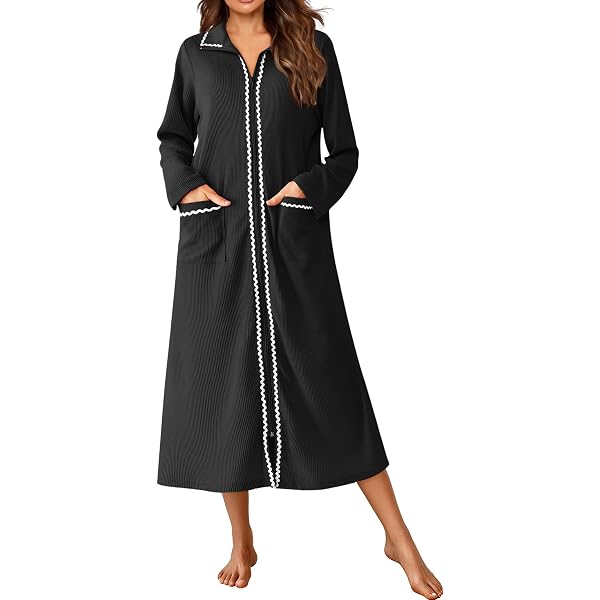 XUNRYAN Women's Long House Coat With Zipper | Full Length Robe With Pockets For Loungewear & Pajamas