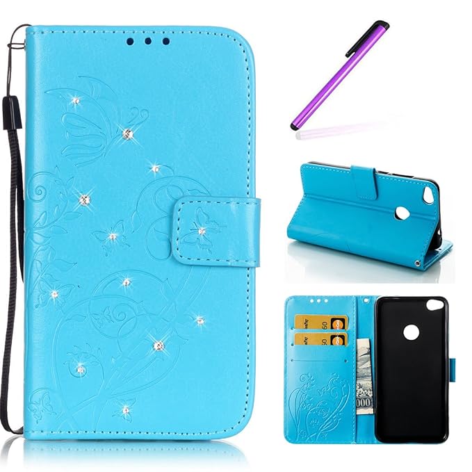 EMAXELERS Huawei P8 Lite 2017 Hülle Bling Diamant Schmetterling PU Leder Ledercase Flip Tasche Wallet Schutzhülle Etui Tasche