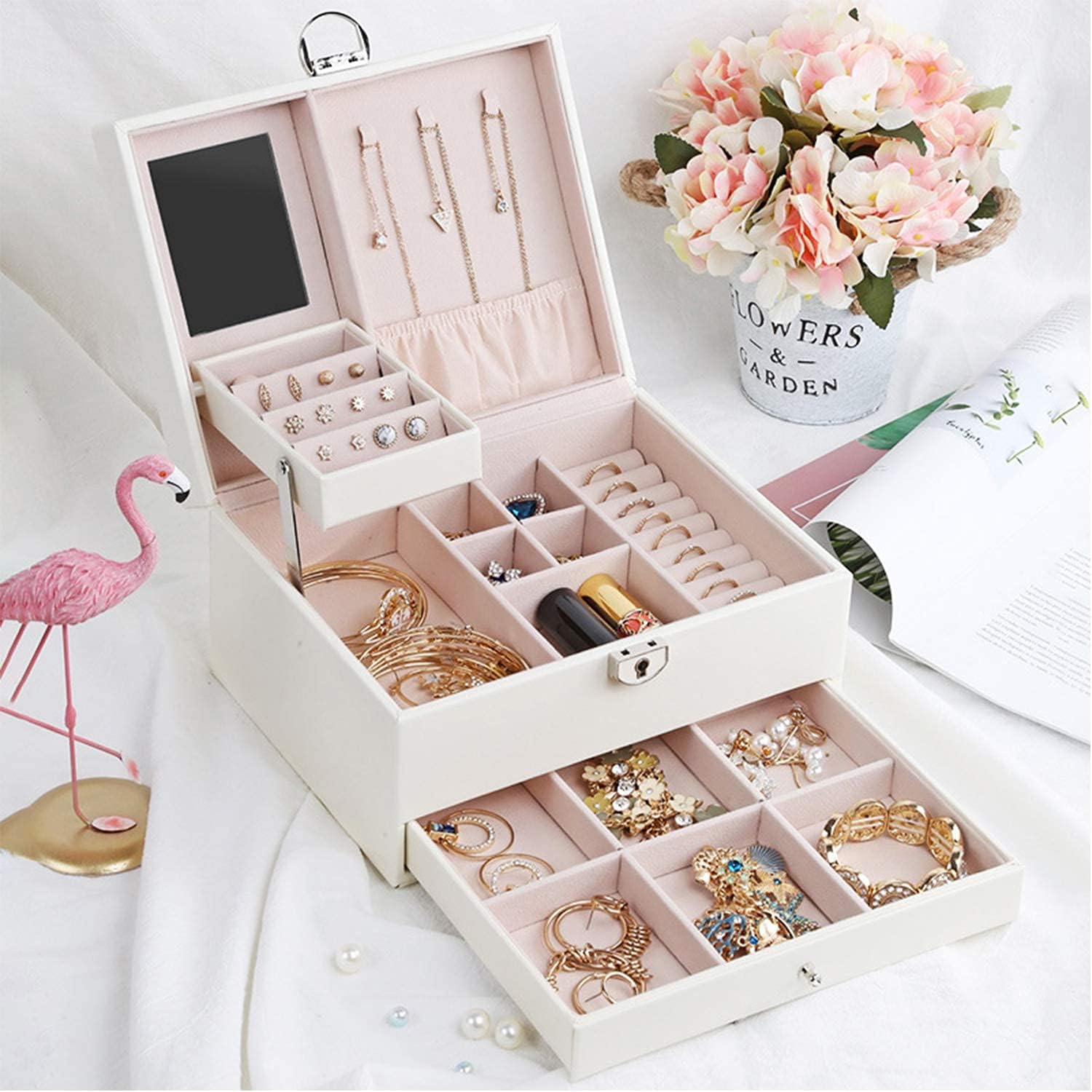 Lockable Jewelry Box,3-layers PU Leather Jewelry Organizers for Women ,Jewelry Display for Rings Earrings Necklaces Watches, White: Home Improvement