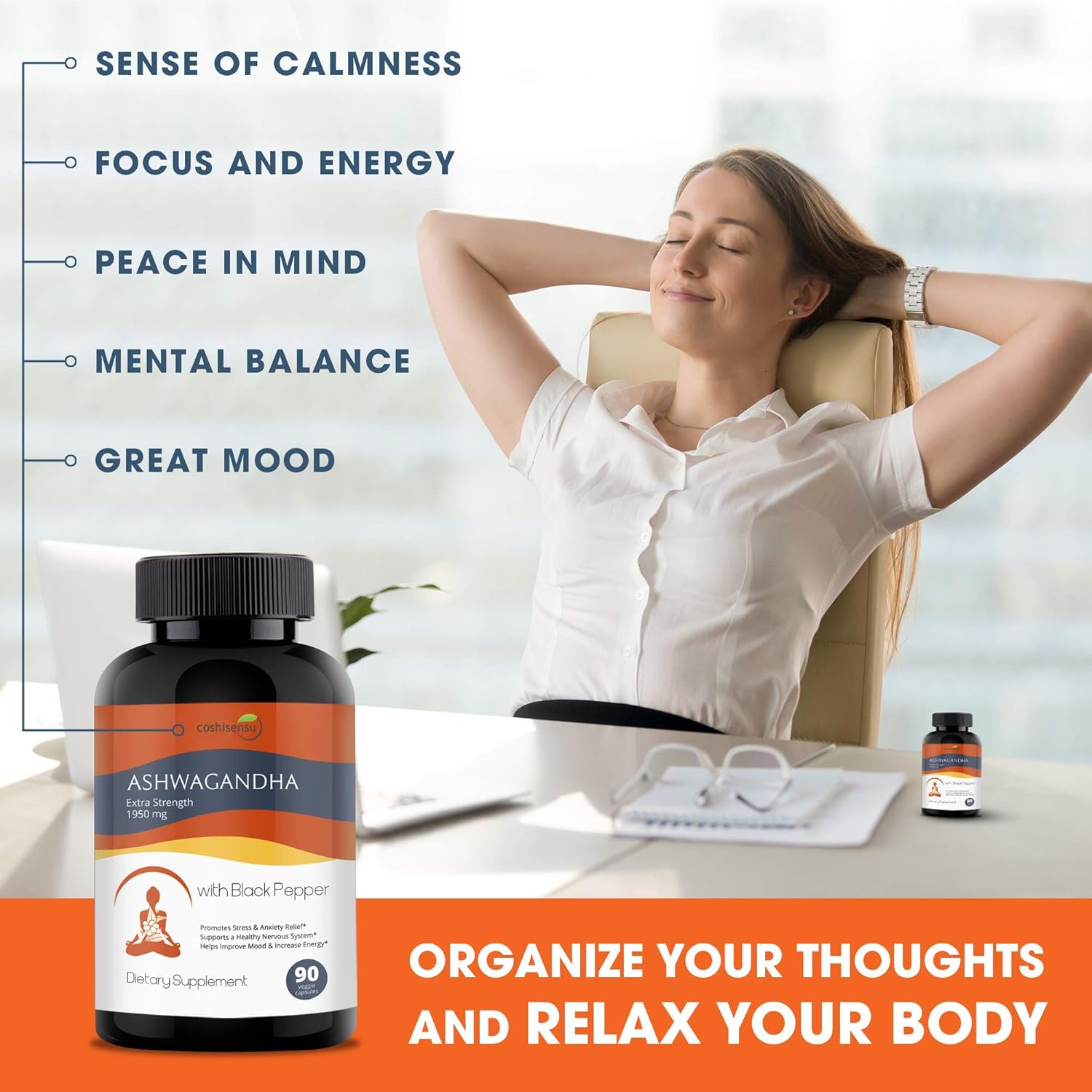 Ashwagandha Organic Capsules 1950mg with Black Pepper - Ashwagandha Extract Root - Stress Relief - Anti Anxiety - Mood Enhancer - Organic Ashwagandha Root Powder Extract - 90 Vegan Capsules: Health & Personal Care