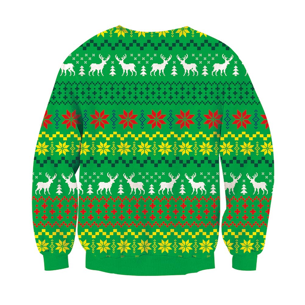 RAISEVERN Femmes Dames Xmas Green Deers Flocon De Neige Manches Longues De Noël Fairisle Jumper Ras du Cou Chandail Chaud pour Parents Couple,Fairisle,L
