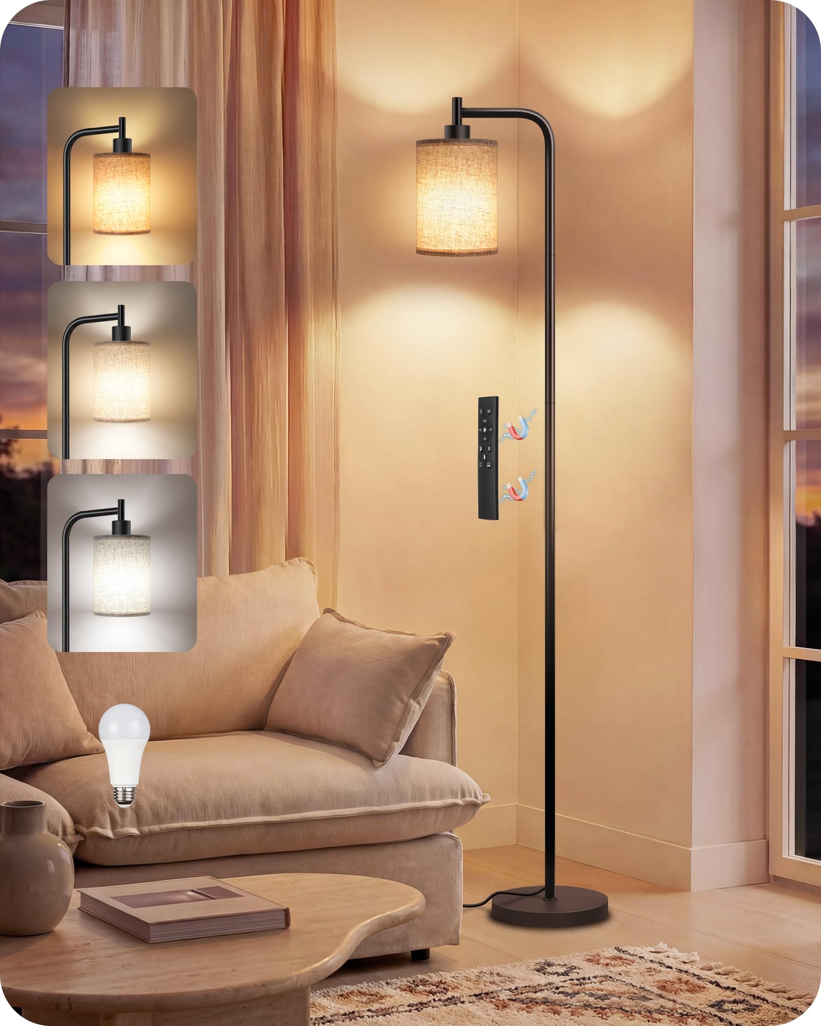 Photo 1 of GOEBLESON Dimmable Floor Lamp for Living Room with Remote and Foot Switch, Modern Standing, Corner Lamp,10W Bulb 3 Color Temperatures, for Bedroom, Office, Corner, ETL Listed, Black and Beige E19LD05