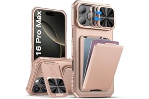 SSLOTSCASE for iPhone 16 Pro Max Case with Wallet & Sliding Lens Cover & Kickstand & Credit Card Holder, Military-Grade Protection Rugged Phone Case Cover for iPhone 16 Pro Max 6.9'' 2024, Rose Gold