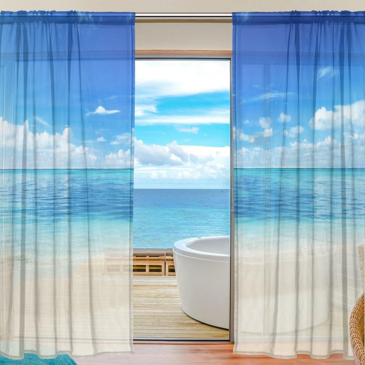 Sheer Voile Rideau de fenêtre Mer Plage Paysage Motif imprimé Polyester