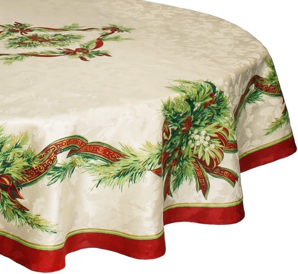 Benson Christmas Design Engineered Jacquard Printed Fabric Tablecloth Christmas Ribbons Style (70" Round)