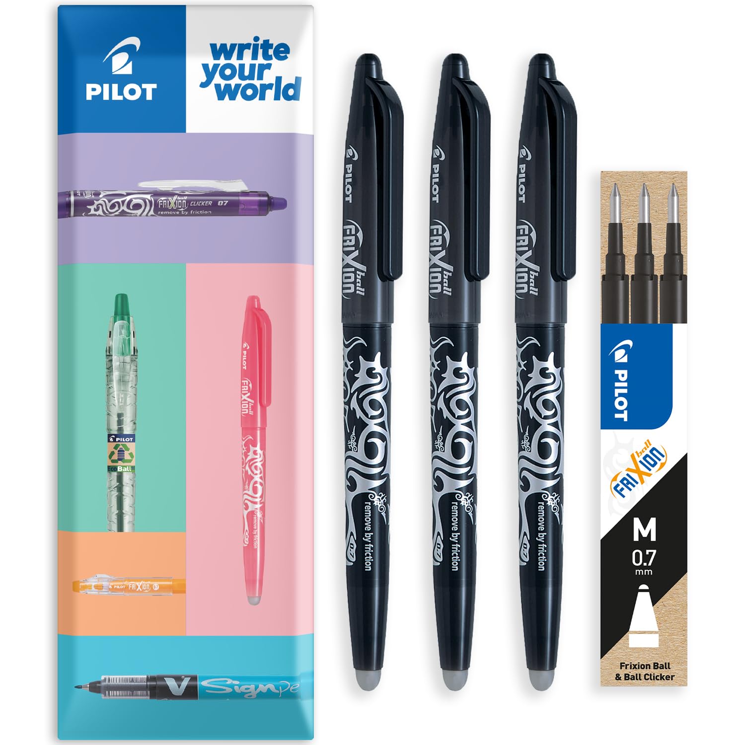 PILOT Frixion Heat/Friction Erasable Rollerball Pen FR7 - Medium Line 0.7mm Tip Nib - Envelope Pack of 3 Pens + 3 Refills (Black)