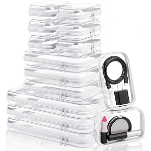 Jowwcen 15 Pack Clear Hard Shell Zipper Case with 40 Labels, X-Large/Medium/Small Stackable Clear Pouches, Crush-resistant Tr