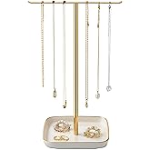 Jewelry Holder Stand with Ceramic Base: 12" Tall Necklace Organizer Rack, Tree Design Display Storage for Necklaces, Bracelets, Rings, Earrings, Aesthetic Room Décor for Girls and Women, Gold
