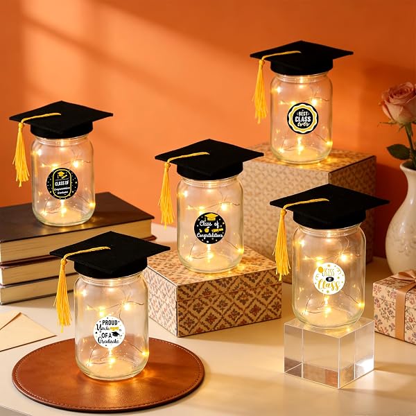 8 PACK 2026 GRADUATION CENTERPIECES FOR TABLES MASON JAR CENTERPIECES WITH LED LIGHTS GRADUATION PARTY DECORATIONS SET WITH CAPS AND STICKERS FOR HIGH SCHOOL COLLEGE CONGRATS GRAD DECOR SUPPLIES