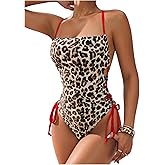 Floerns Women's Cheetah Print One Piece Swimsuit Cut Out Drawstring Monokini Swimwear