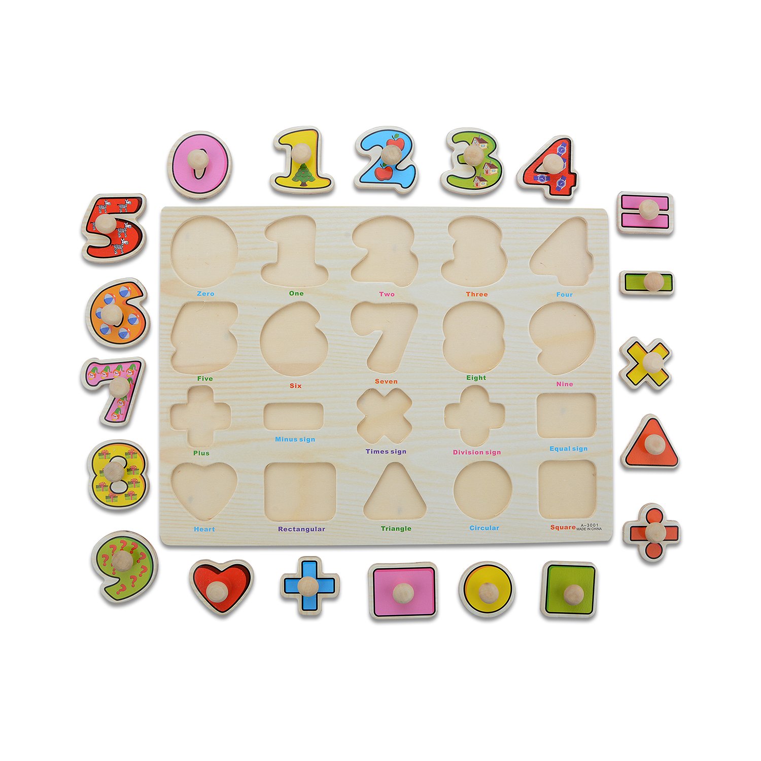 Wooden Jigsaw Peg Puzzle Board Toy, Moonvvin Number Educational Puzzles for Toddlers Learning Math Shapes & Color Recognition Toy