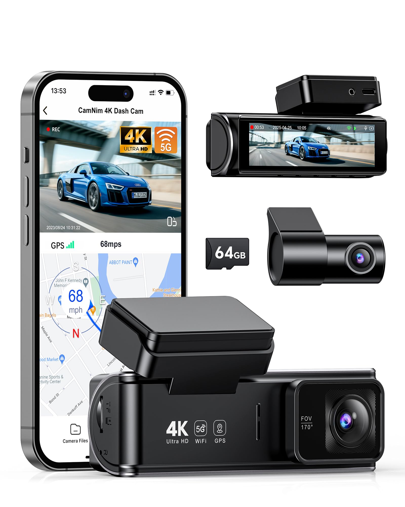 4K Dash Cam Front Rear:Dual Dash Camera for Car, 5GHz/2.4GHz Wi-Fi GPS Dashcam with Loop Recording 24H Parking Monitor Night Vision G-Sensor 170° View Angle APP Control and 64GB Card Gift