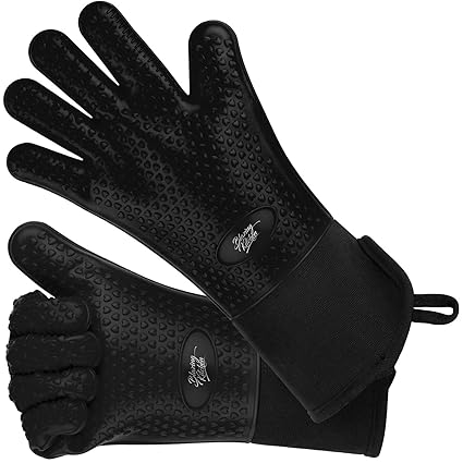 Premium Silicone Oven Gloves - Great Heat Resistant Mitts Extra Long with Internal Cotton Lining for Cooking, Pot Holder, Grilling, BBQ, Baking And Smoking - Black