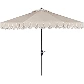 SAFAVIEH 9ft Outdoor Patio Umbrella, Round, Valance, Beige & White Trim, Auto Crank Tilt, UV Resistant for Deck, Backyard, Poolside (PAT8006C)