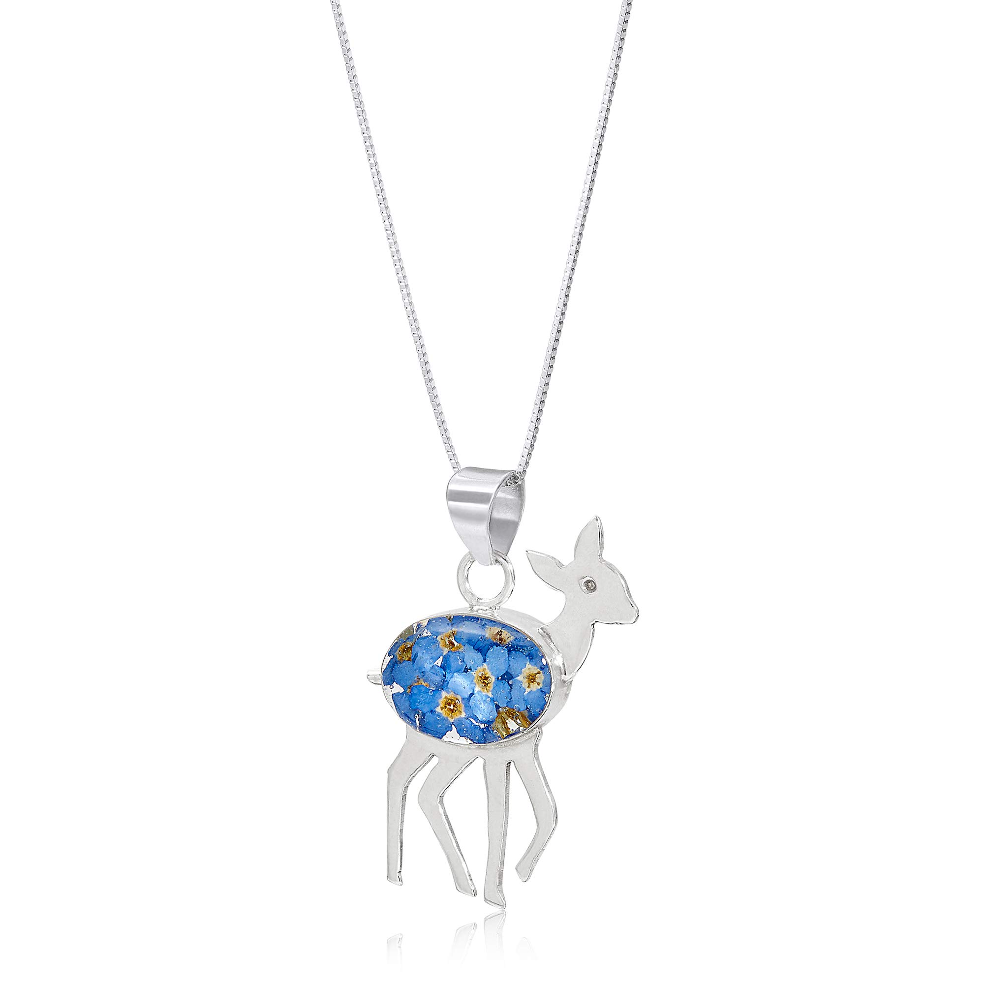 Shrieking Violet 925 Sterling Silver Deer Real Flower Pendant Necklace - Forget-Me-Not (Blue)