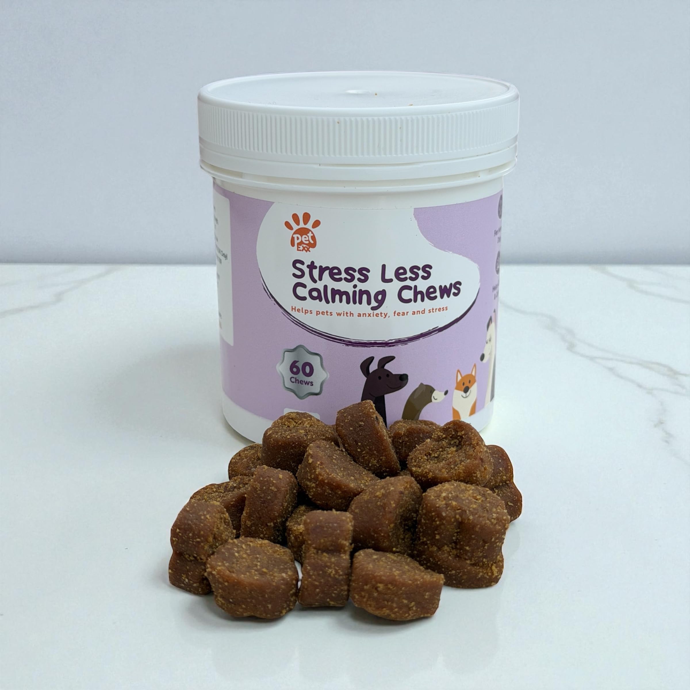 Stress Less Calming Chews treat style supplement for Dogs and Cats - helps with separation anxiety, travel stress, vet visits, during fireworks, Christmas & periods of separation - 120 chews per jar