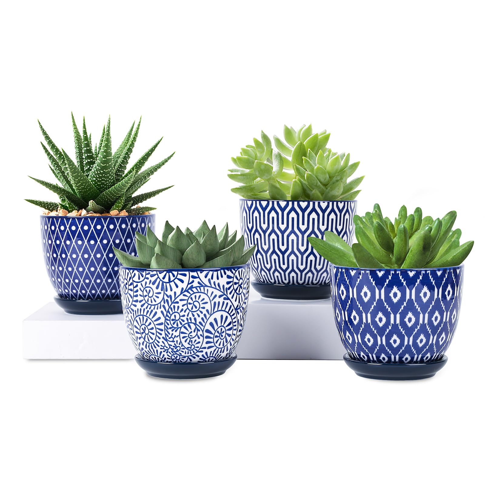 Selamica Ceramic Plant Pots, 4.6 Inch Flower Pots for Indoor Plants, Succulent Pots with Drainage Hole & Saucer, Succulent Planters for Succulent Cactus, Home Decor, Set of 4, Vintage Blue Image Selamica Ceramic Plant Pots, 4.6 Inch Flower Pots for Indoor Plants, Succulent Pots with Drainage Hole & Saucer, Succulent Planters for Succulent Cactus, Home Decor, Set of 4, Vintage Blue Image
