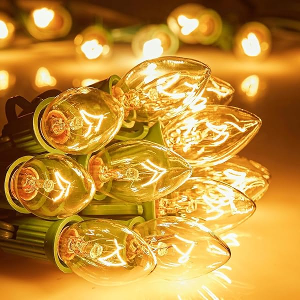 100FT C7 CHRISTMAS STRING LIGHTS OUTDOOR UL LISTED VINTAGE CHRISTMAS LIGHTS HANGING FOR CHRISTMAS TREE GARDEN PATIO BACKYARD CAFE PARTY ROOM XMAS DECORATION, GREEN WIRE, 100 BULBS, NOT CONNECTABLE