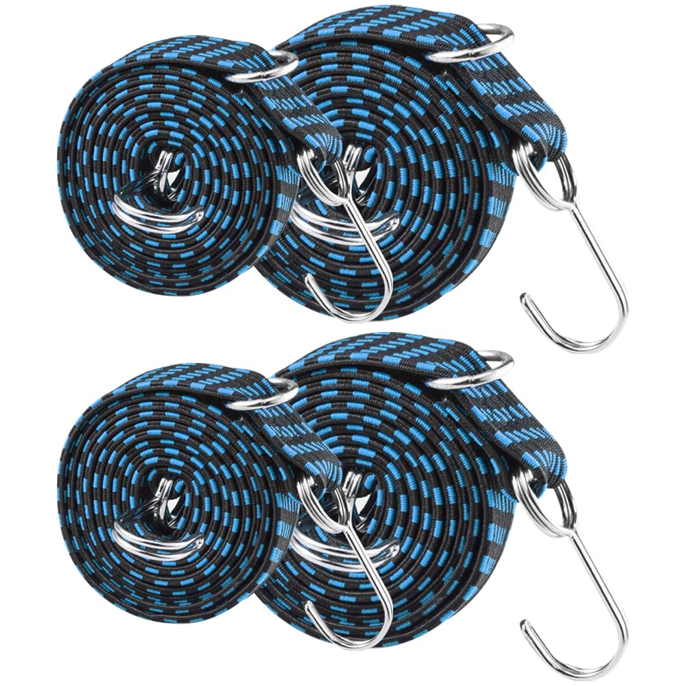 Tension Elastic Straps with Hooks, Pack of 4 Expanders, Tension Rubber Flat Rubber Tensioners for Motorcycle, Car Transporter, Garden Furniture, Rubber Bands with Hooks, Extra Strong (Blue, Black)