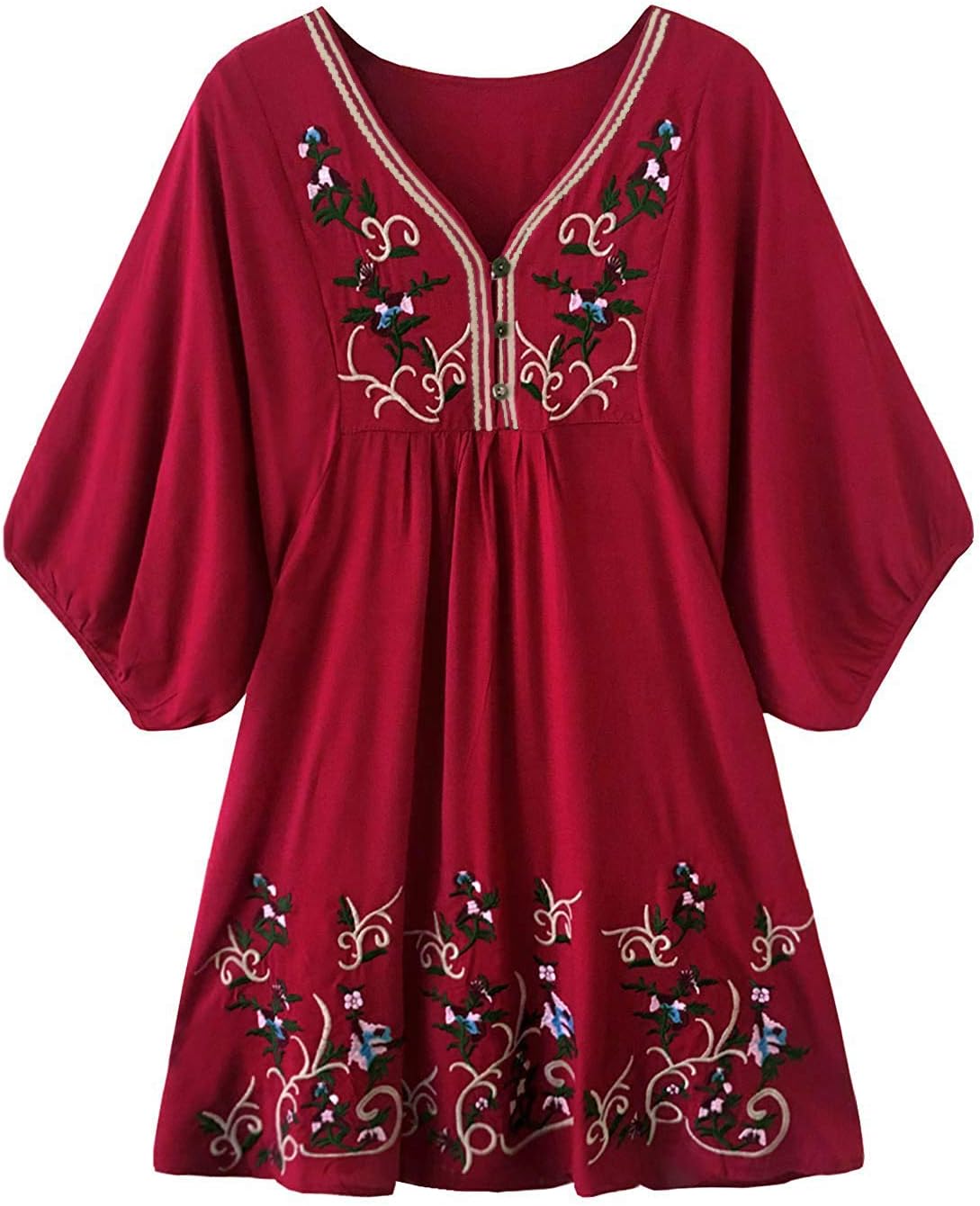 futurino Women's Bohemian Embroidery Floral Tunic Shift Blouse Flowy Mini Dress