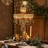 Elegant 5-Arm Candelabra Centerpiece with Crystal Pendants - 23.6 Inch Tall Table Centerpiece for Weddings, Parties, Home Decor for Mother&rsquo;s Day, Holidays &amp; Special Occasions (1, Gold)