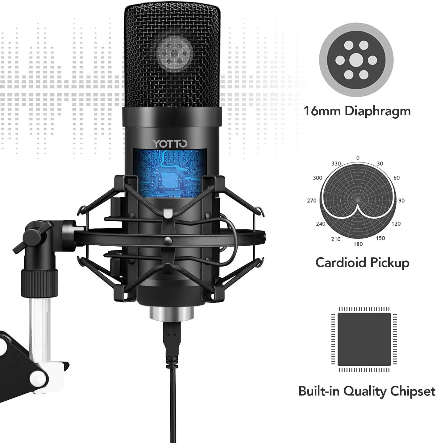 YOTTO USB Microphone Cardioid Condenser Mic 192KHz/24bit Plug and Play Professional Studio Podcast Microphone with Adjustable Microphone Stand Suspension Scissor Boom Arm, Pop Filter, Shock Mount: Home Audio & Theater