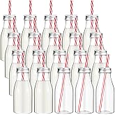 Yinkin 20 Sets Plastic Milk Bottles with Straws Lids Clear Plastic Containers for Dairy Milk Party Bottle for Juices Shakes Smoothies (8 oz,Red,White)