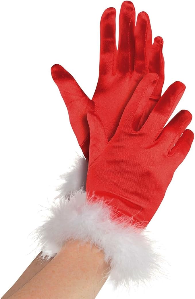 Fancy Dress VIP Ladies Mrs Santa Claus Gloves with White Fluffy trim