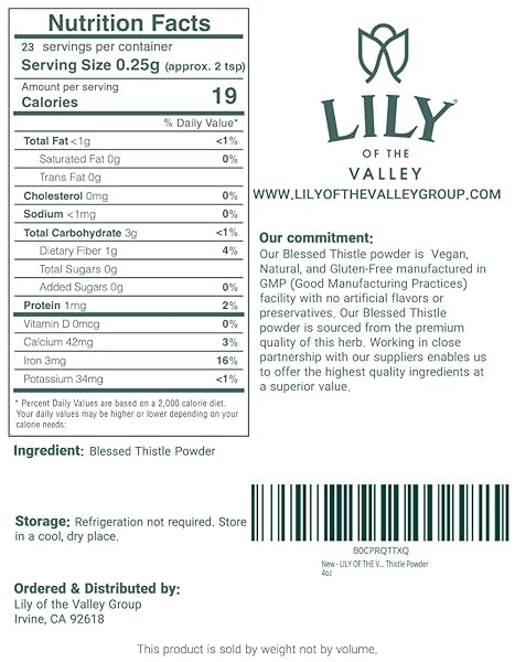 LILY OF THE VALLEY BLESSED THISTLE EXTRACT POWDER – IDEAL FOR SMOOTHIES & JUICES – MILK THISTLE TEA – RICH IN SILYMARIN AND ANTIOXIDANTS – VEGAN & GLUTEN-FREE – PACKED IN RESEALABLE POUCH (16OZ, 453G)
