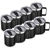 Volhoply 14oz Insulated Stainless Steel Coffee Mug with Lid Bulk 8 Pack,Double Wall Vacuum Travel Coffee Cup with Handle,Reusable Metal Cups Tumbler,Camping Mugs Keep Hot,Ideal Gifts(Black,8)