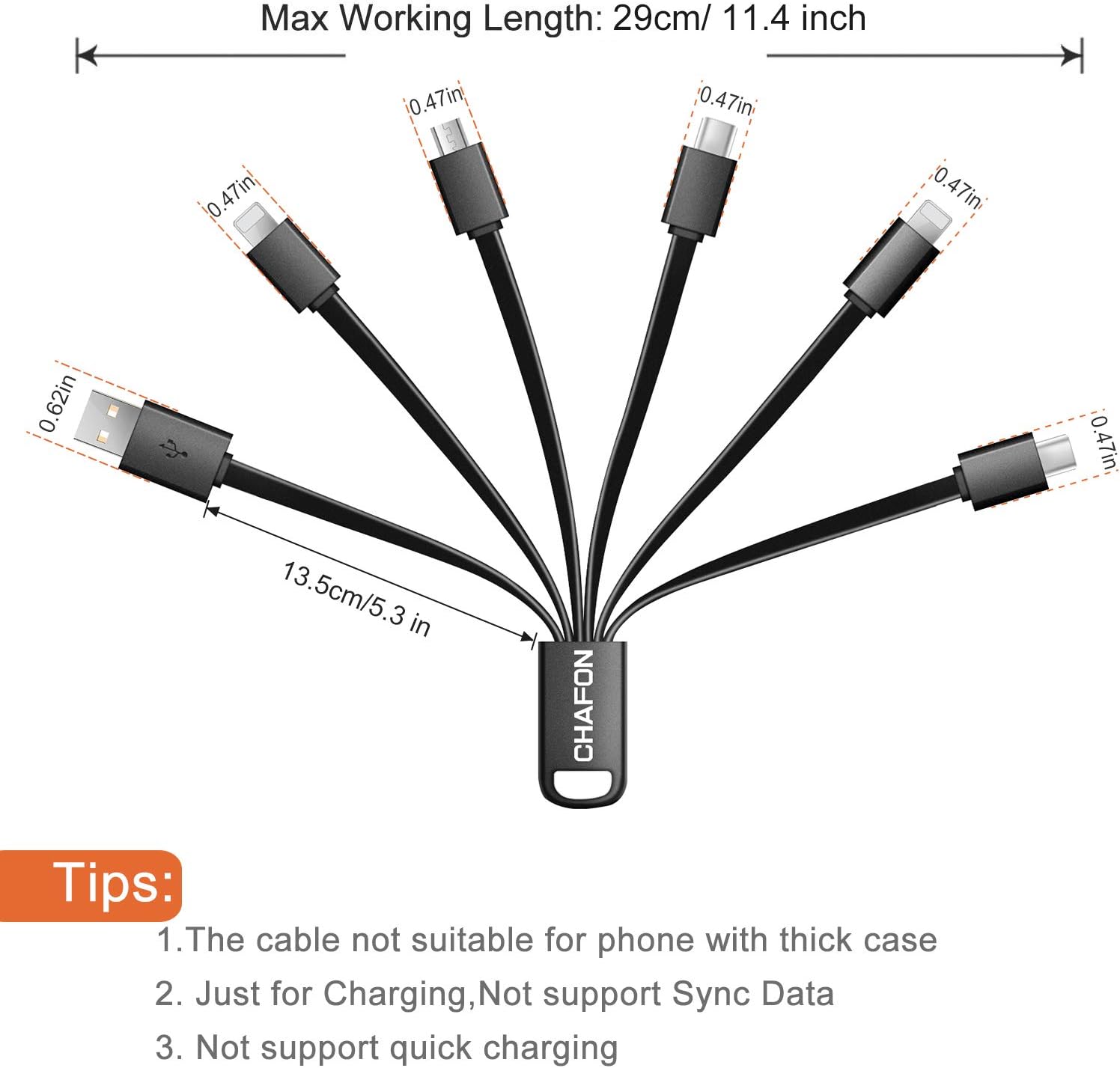 CHAFON Multi USB Charging Cable Short, 6 in 1 Multiple Charger Cord with USB 2.0,Type C,Micro B,Phone Adapter,Compatible for Cell Phones Tablets Speaker and More | Black, 5.3 inch