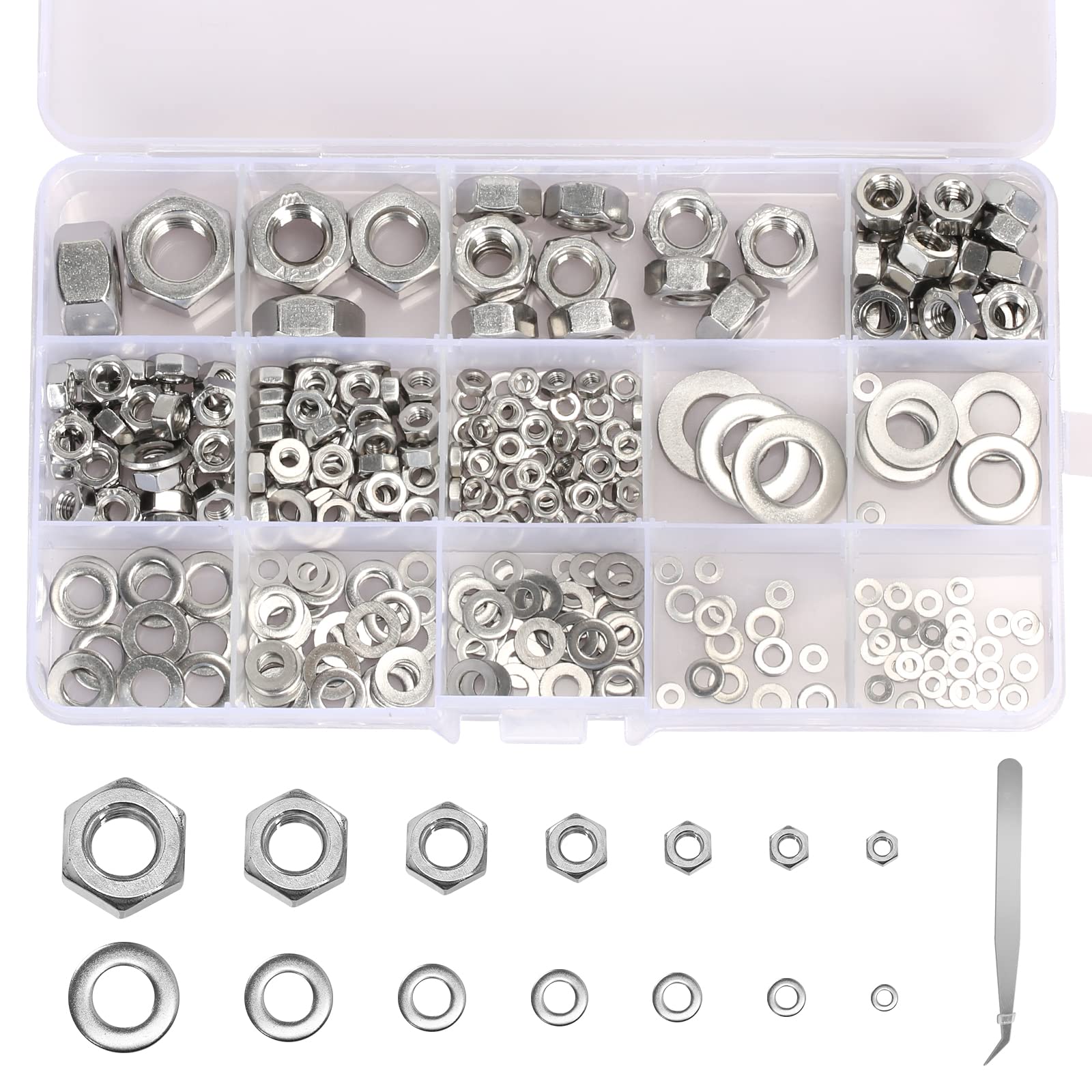 HONMOK 311 Pcs Lock Nuts & Flat Washers Assortment Kit M2 M3 M4 M5 M6 M8 M10 Stainless Steel Silver Lock Washer Spacers M3 M4 M5 M6 M8 M10 M12 Threaded Inserts Hex Nuts for Home Repair