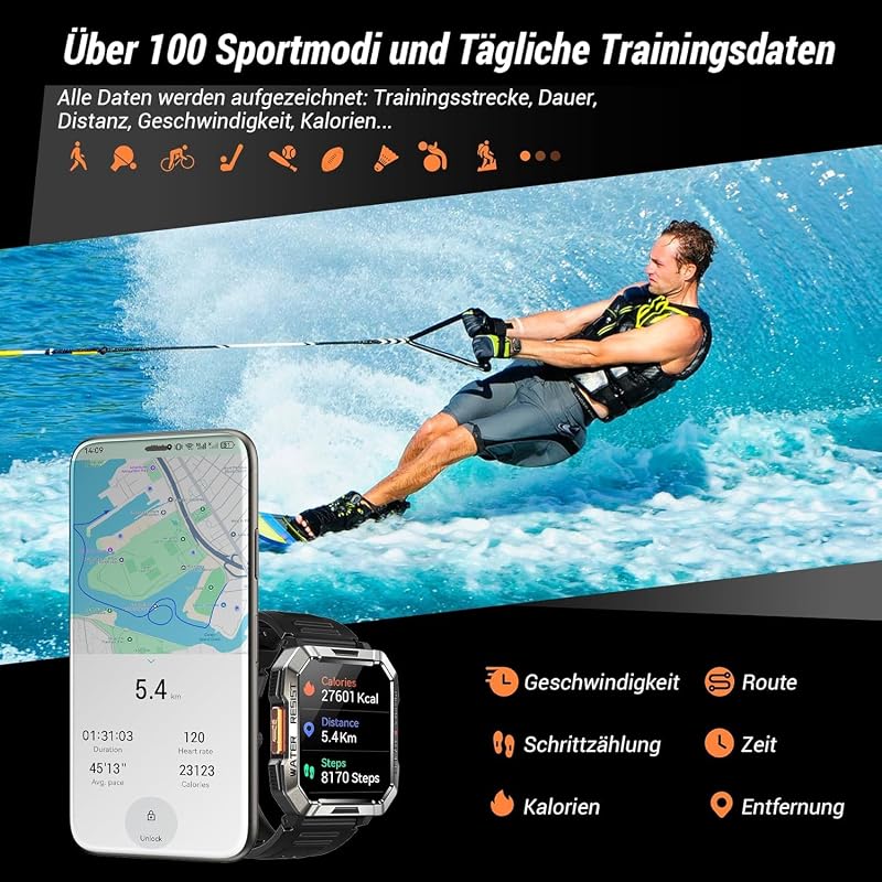 Smartwatch Herren Militär,100 Tage Akku, LED Taschenlampe, Bluetooth-Anrufe, Fitness-Tracker,100+ Sportmodi, Herzfrequenz-&SPO₂-Monitor, IP68 Wasserdicht, Schlafüberwachung, Android iOS