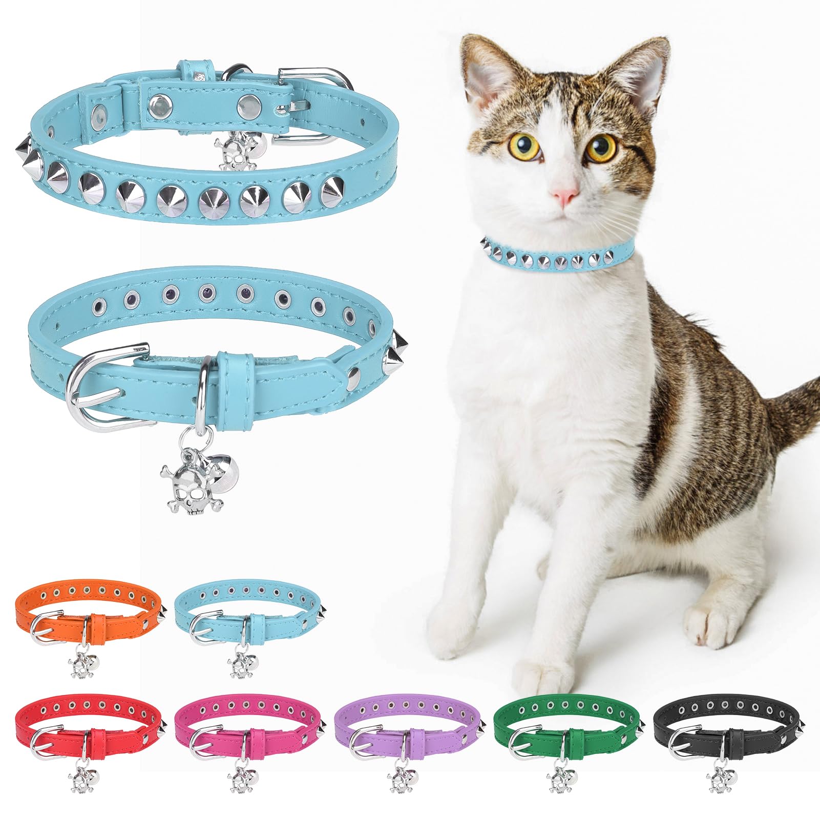 DILLYBUD Leather Cat Collars for Boy Girl Cats with Bell and Safety Elastic Belt, Personalized Rivets Stud Adjustable Safe Buckle Collar with Skull Charm for Kitty Small Pets, Light Blue — image 1