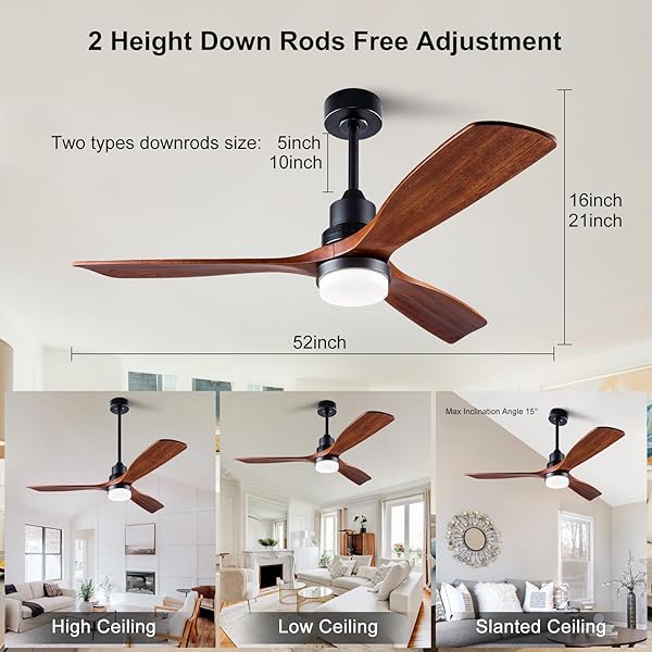 XBIBI 52 INCH CEILING FAN WITH LIGHTS REMOTE CONTROL, 3 BLADE WOOD CEILING FAN,QUIET DC MOTOR MORDERN CEILING FAN, INDOOR OUTDOOR CEILIANG FANS FOR PATIOS BEDROOM LIVING ROOM