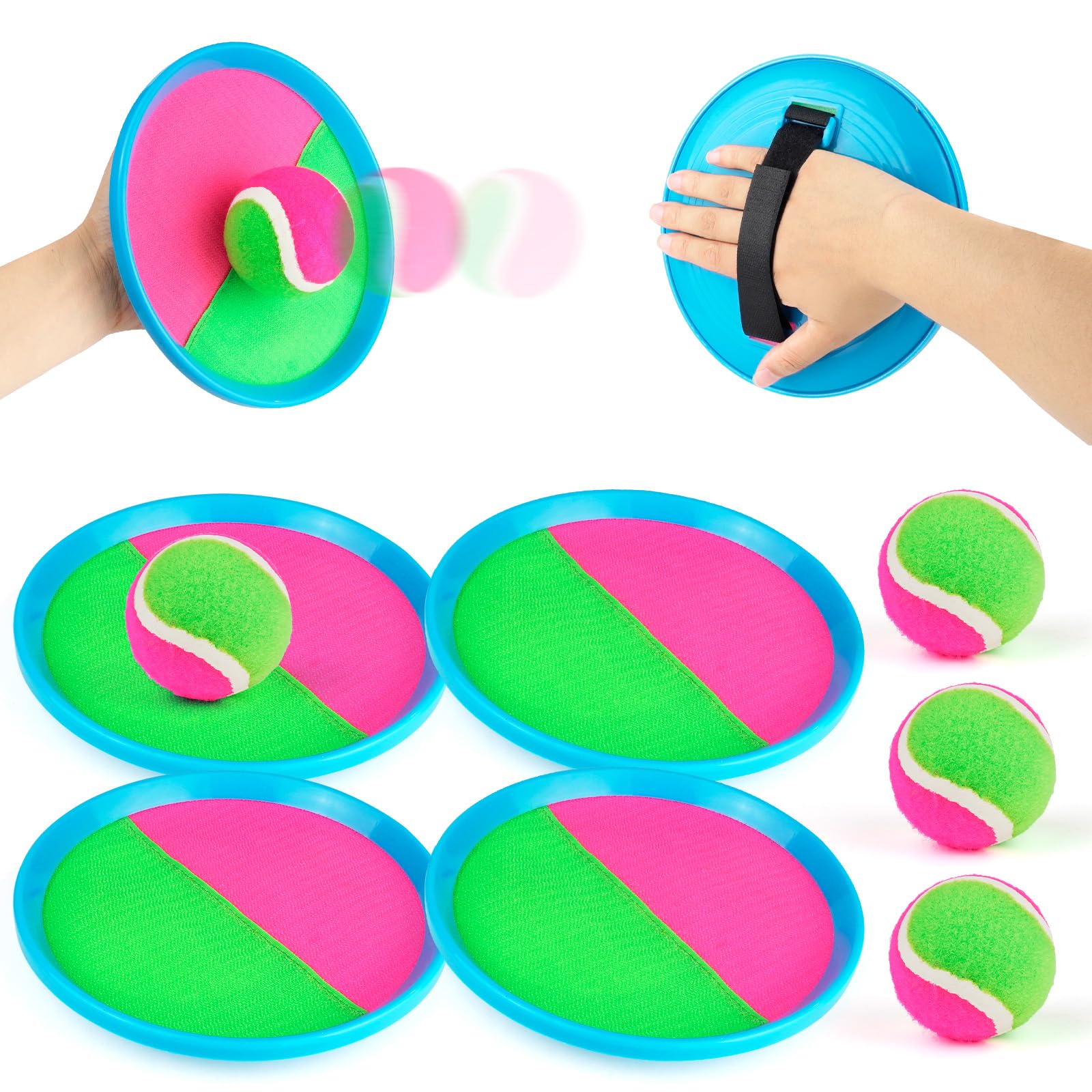 Toss and Catch Ball Set with 4 Paddles and 4 Balls for Kids Ages 3 and Up, Classic Velcro Ball and Catch Game for Garden Games, Outdoor Toys, Beach Games and Family Fun