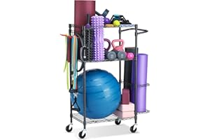 FHXZH Yoga Mat Storage Rack, Home Gym Workout Equipment Storage Rack, Cart for Organizing Workout Room, Organizer Yoga Equipment Dumbbell Kettlebells Home Gym Storage Rack with Hooks and Wheels