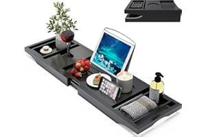 BAMBUROBA Bamboo Bathtub Caddy Tray Expandable for Luxury Bath, Bath Accessories & Table with Wine Glass Holder, Book Stand Bathroom Organizer with Extending Sides for Men/Women,Black