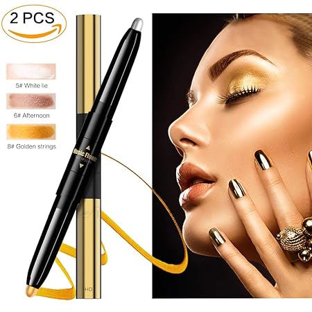 2Pcs Glänzend Lidschatten Stift, Glitzer Eyeshadow Doppelstift Augenschatten Stift Wasserfest Matt Make-up Weiß, Hellbraun un