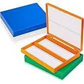 Wonderjune 4 Pcs Microscope Slide Storage Box, Plastic Microscope Glass Slide Holder with Latch Lock for 25mm × 75mm Microslide (100place,7.87 x 6.30 x 1.26 Inches,Blue,Orange,White,Green)