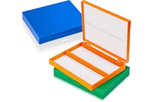Wonderjune 4 Pcs Microscope Slide Storage Box, Plastic Microscope Glass Slide Holder with Latch Lock for 25mm × 75mm Microslide (100place,7.87 x 6.30 x 1.26 Inches,Blue,Orange,White,Green)