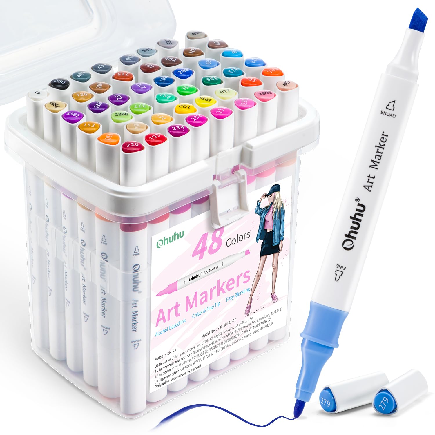 Ohuhu Alcohol Markers, 48 Colouring Pens Art Pens Markers Set for Architectural Design Double Tipped Chisel & Bullet Alcohol-Based Art Marker for Artists Drawing Sketching Anime and Manga
