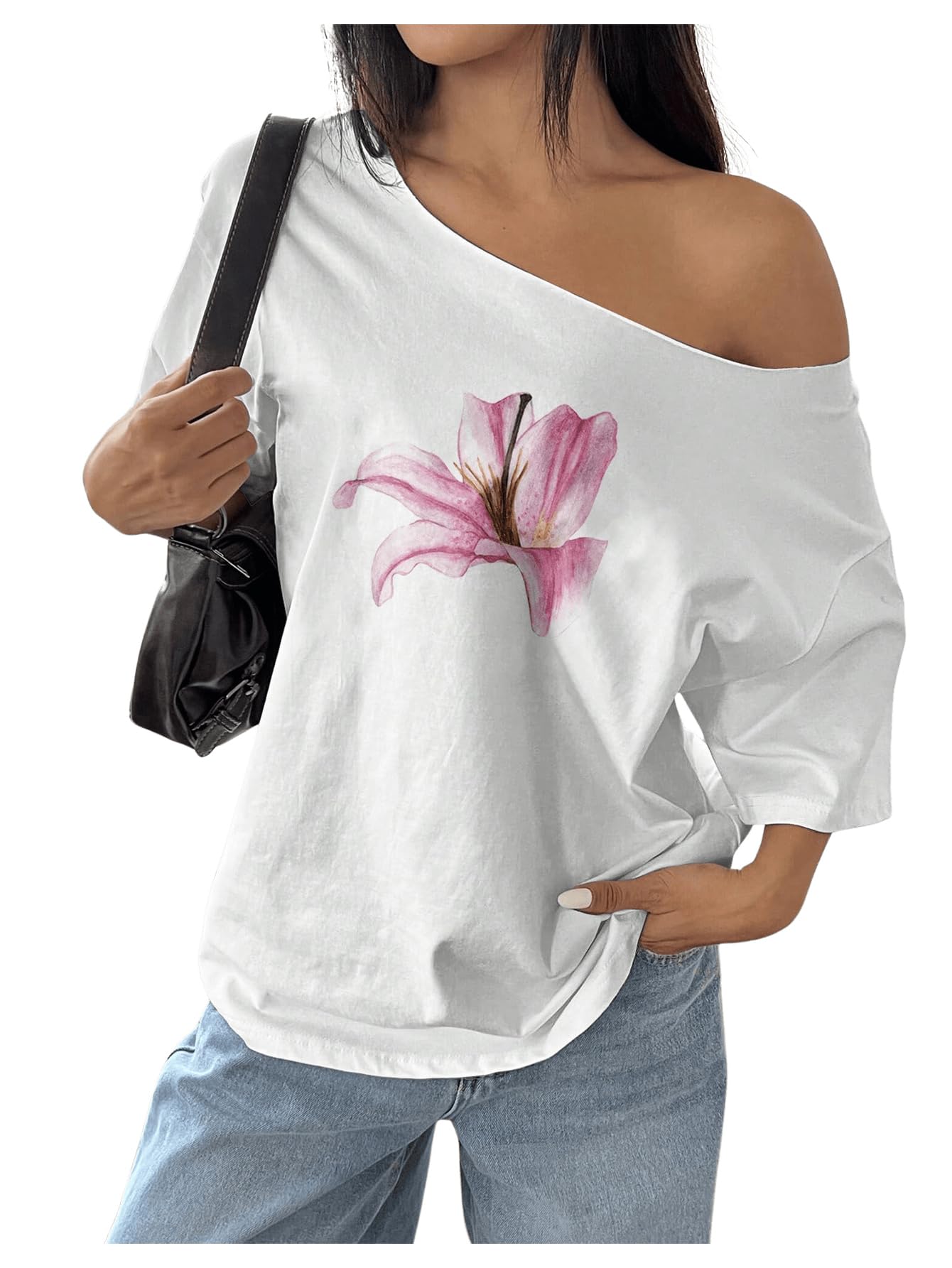 Photo 1 of RoseSeek Women's Off The Shoulder Tops Floral Graphic Oversized Tshirts Shirts Y2k Summer Tops Trendy Pink and White S
