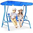 Costzon Porch Swing, Kids All-Weather Lounge Chair Hammock w/Adjustable Canopy & Safety Belts for 2 Children, Outdoor Swing for Backyard Patio Lawn Garden (Puppy Pattern, Blue)