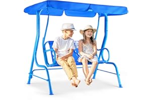 Costzon Kids Porch Swing, All-Weather Patio Swing Bench Hammock w/Adjustable Canopy & Safety Belts for 2 Children, Outdoor Sw