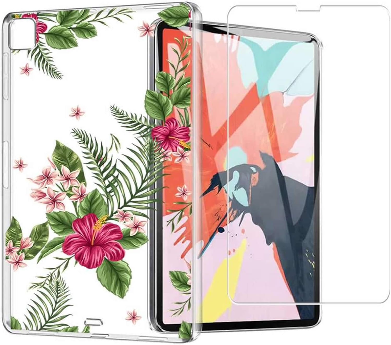 (2 in 1) for iPad Pro 11 2020 & 2018 Case + (2 Pack) Glass Screen Protector Slim Clear Soft TPU Silicone Wireless Charging Phone Case Cover with (Flower 4) Transparent for iPad Pro 11"