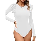 Missufe Women's Crew Neck Ruffle Long Sleeve Bodysuit Ribbed Knit Fitted Basic T Shirt Tops